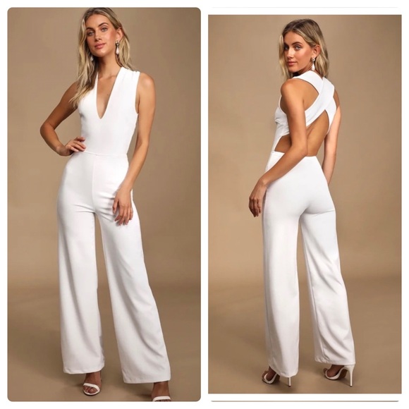 Lulus Pants - Lulus Thinking Out Loud White Backless Jumpsuit